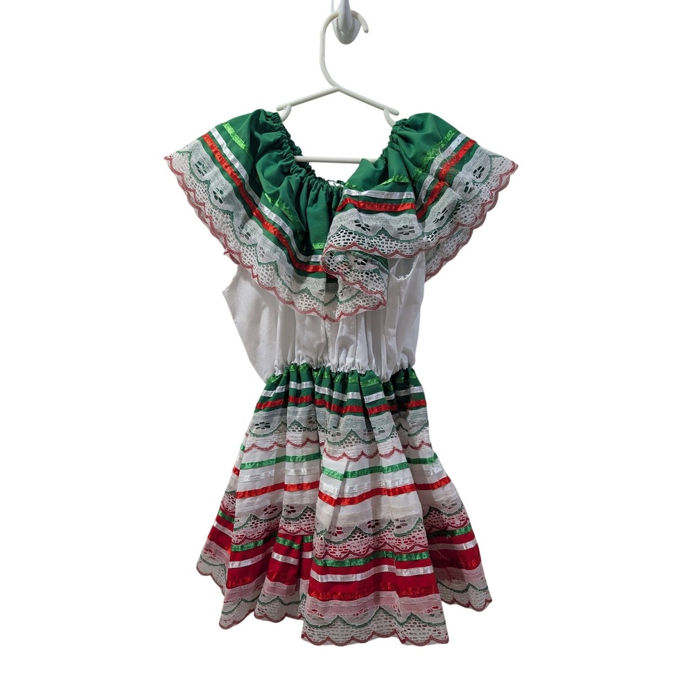 Girls Mexican Folklorico Dress Green White Red Lace Ruffle Fiesta Size 2 Mexico